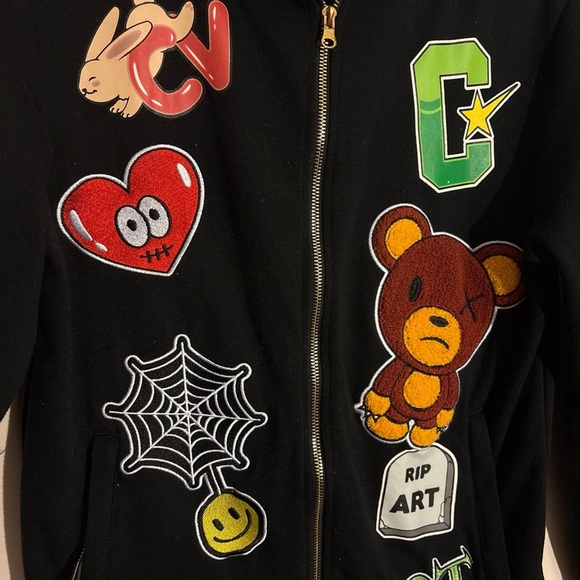 Civilized Graphic Black Zip Up Hoodie Patches & Decals Gold Zipper Sweatshirt - Picture 3 of 9